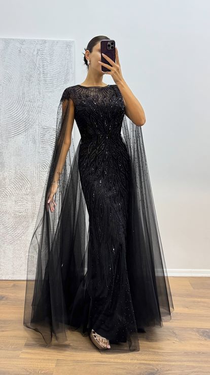 Siyah Tül İşlemeli Abiye Elbise