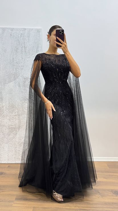 Siyah Tül İşlemeli Abiye Elbise