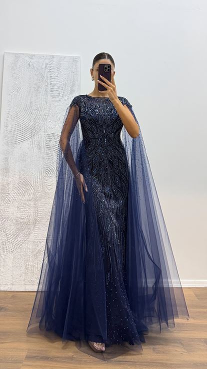 Navy Blue Tulle Embroidered Evening Dress