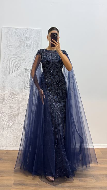 Navy Blue Tulle Embroidered Evening Dress