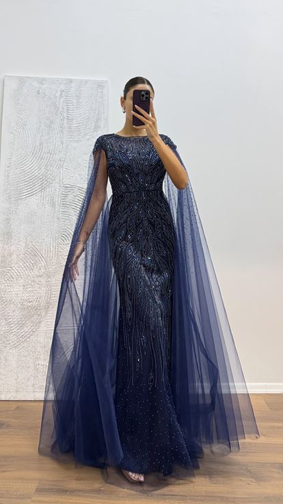 Navy Blue Tulle Embroidered Evening Dress