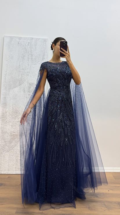 Navy Blue Tulle Embroidered Evening Dress