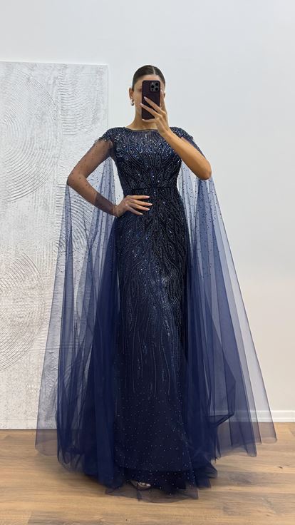 Navy Blue Tulle Embroidered Evening Dress