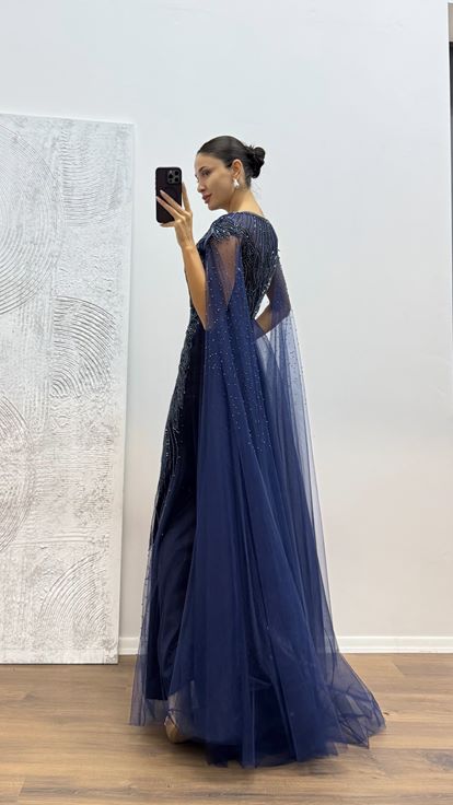 Navy Blue Tulle Embroidered Evening Dress
