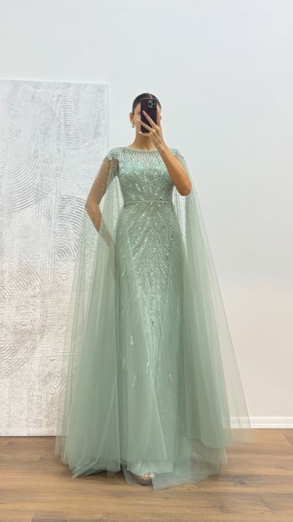 Robe de soirée brodée en tulle menthe