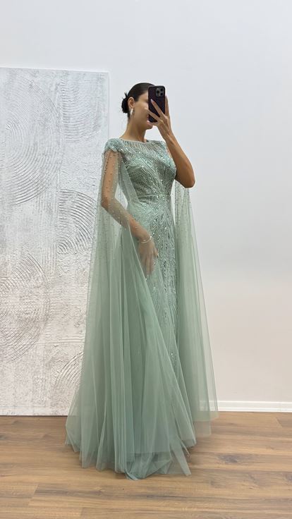 Robe de soirée brodée en tulle menthe