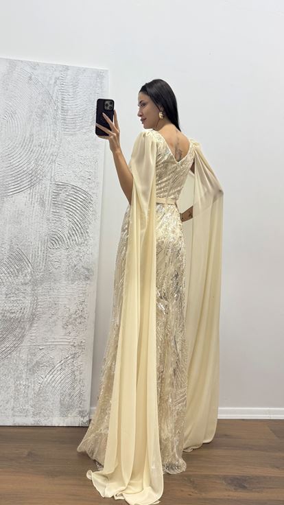 Robe de soirée brodée en tulle à manches dorées