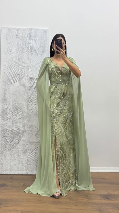 Mint Kolları Tül İşlemeli Abiye Elbise