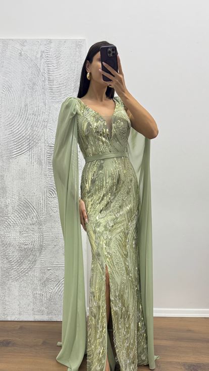 Mint Kolları Tül İşlemeli Abiye Elbise