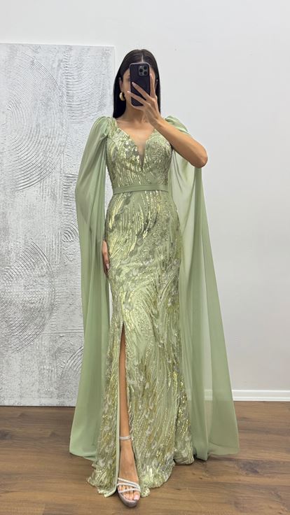 Mint Kolları Tül İşlemeli Abiye Elbise