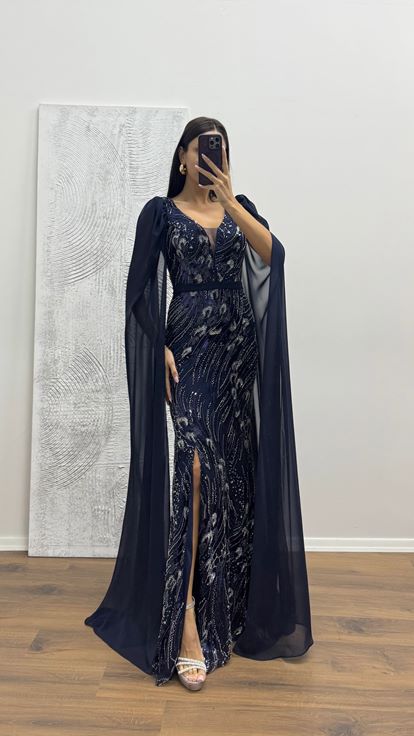 Lacivert Kolları Tül İşlemeli Abiye Elbise