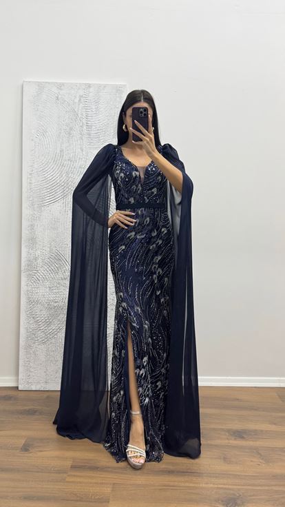 Lacivert Kolları Tül İşlemeli Abiye Elbise