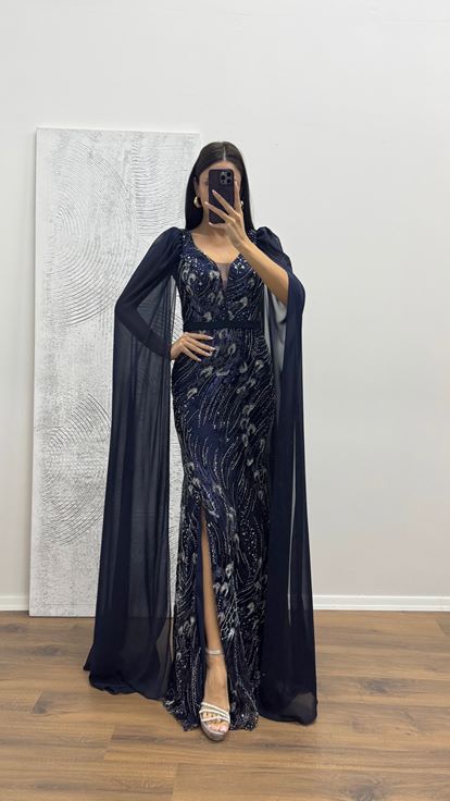 Lacivert Kolları Tül İşlemeli Abiye Elbise