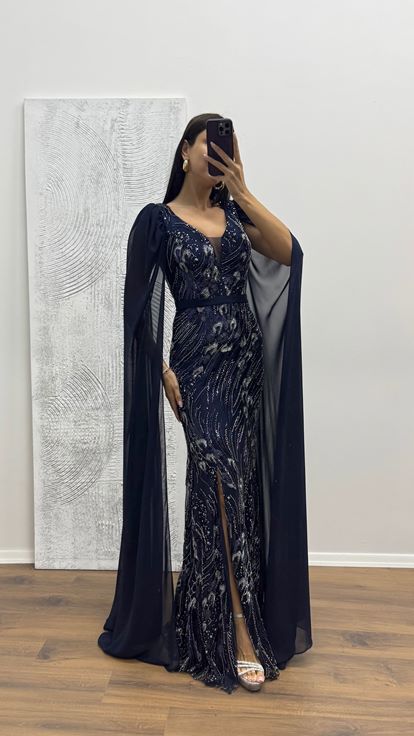 Lacivert Kolları Tül İşlemeli Abiye Elbise