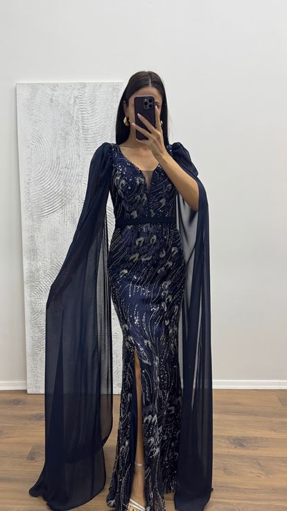 Lacivert Kolları Tül İşlemeli Abiye Elbise