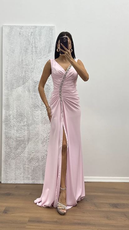 Pudra V Yaka Zincir Detay Abiye Elbise