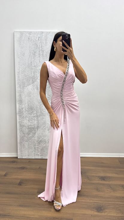 Pudra V Yaka Zincir Detay Abiye Elbise