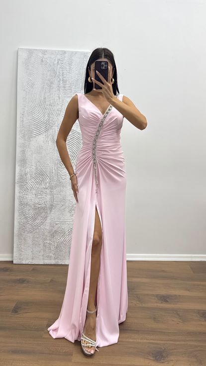 Pudra V Yaka Zincir Detay Abiye Elbise