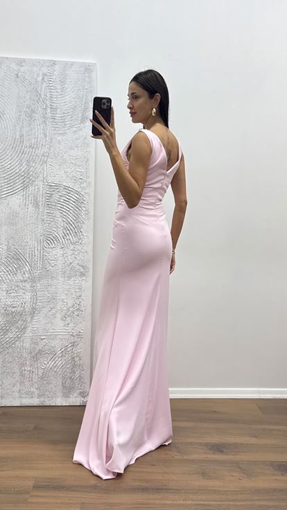 Pudra V Yaka Zincir Detay Abiye Elbise