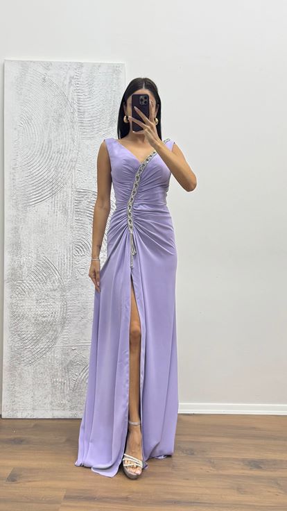 Lilac V Neck Chain Detail Evening Dress