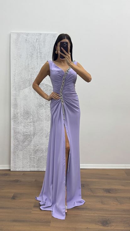 Lilac V Neck Chain Detail Evening Dress