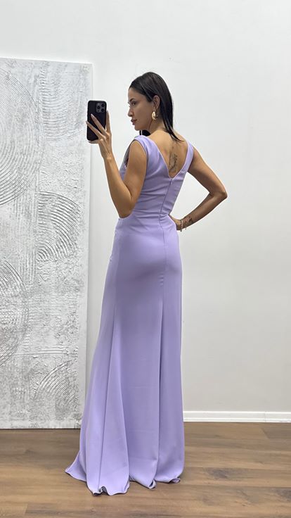 Lilac V Neck Chain Detail Evening Dress