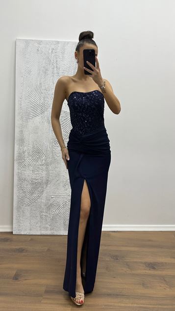Navy Blue Strapless Embroidered Detail Evening Dress