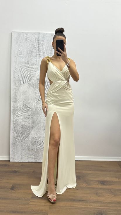 Cream Waist Detail Strappy Evening Dress