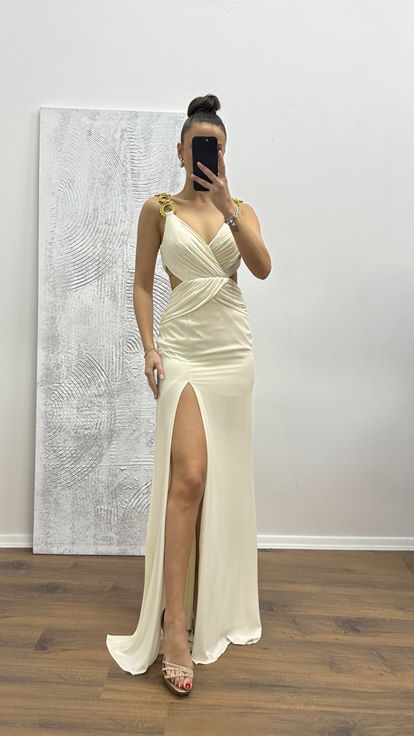 Cream Waist Detail Strappy Evening Dress
