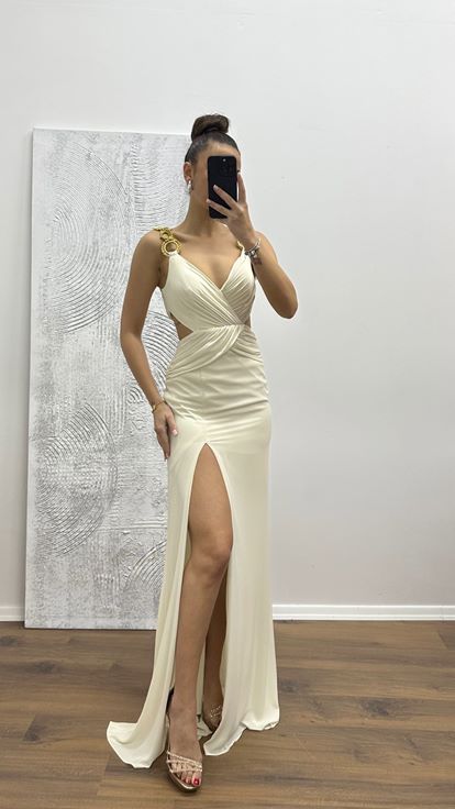 Cream Waist Detail Strappy Evening Dress