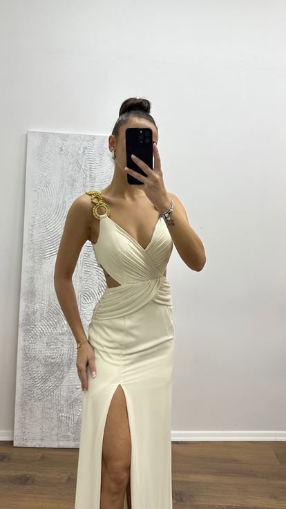 Cream Waist Detail Strappy Evening Dress