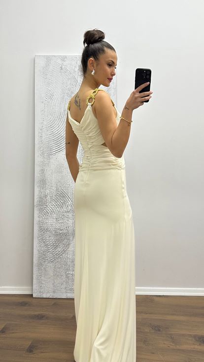 Cream Waist Detail Strappy Evening Dress