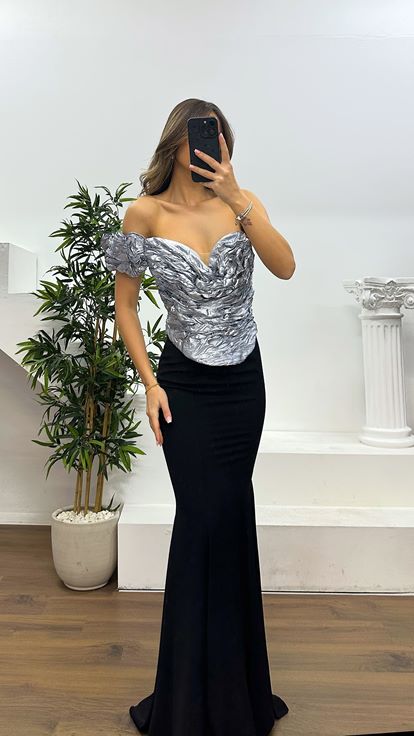 Silver One Shoulder Lame Evening Dress