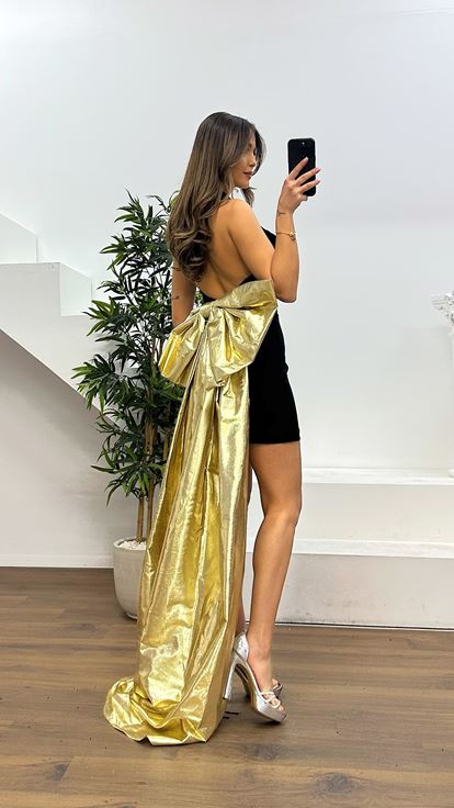 Siyah Boyundan Bağlamalı Mini Abiye Elbise