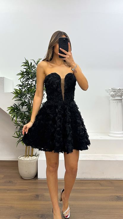 Siyah Straplez Mini Çiçekli Elbise