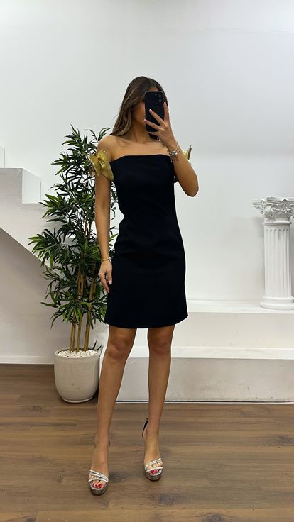 Siyah Omuz Fiyonk Detay Abiye Elbise