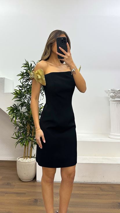 Siyah Omuz Fiyonk Detay Abiye Elbise