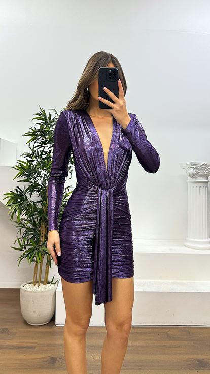 Purple V-Neck Draped Evening Dress