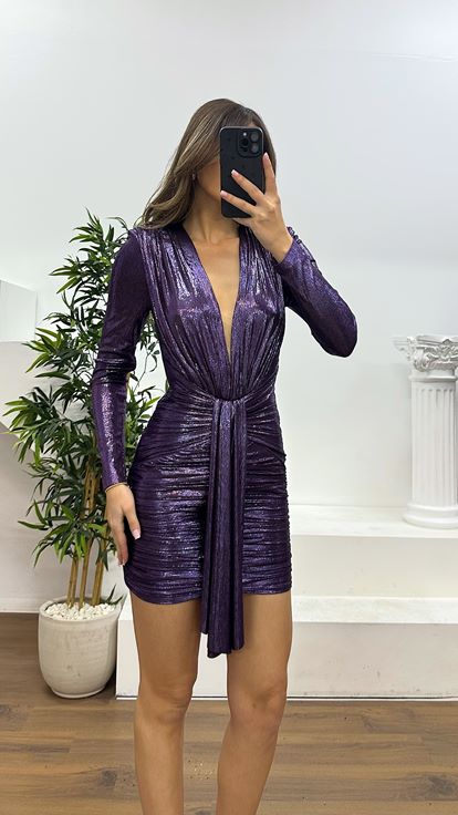 Purple V-Neck Draped Evening Dress