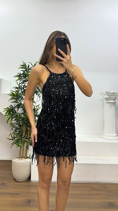 Siyah Halter Yaka Püsküllü Abiye Elbise
