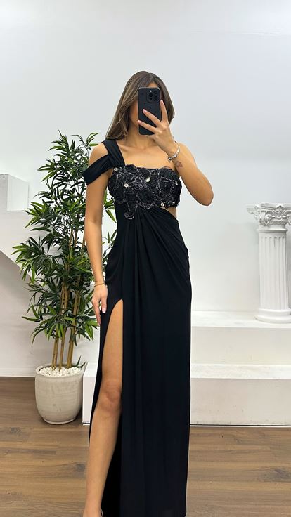 Siyah Gümüş Tek Omuz Bel Detay Abiye Elbise