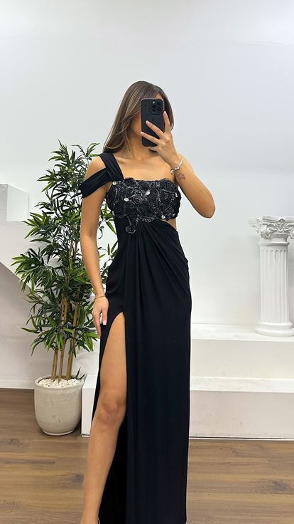 Siyah Gümüş Tek Omuz Bel Detay Abiye Elbise