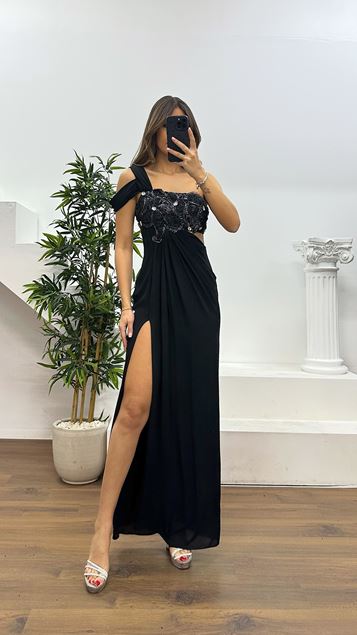 Schwarzes und silbernes  schulterfreies Abendkleid mit Taillendetail