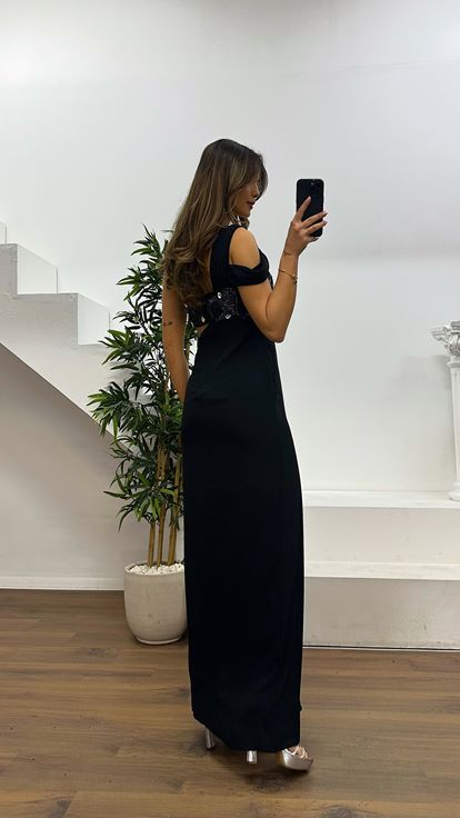 Siyah Gümüş Tek Omuz Bel Detay Abiye Elbise