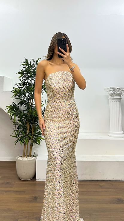 Beige Strapless Beaded Evening Dress