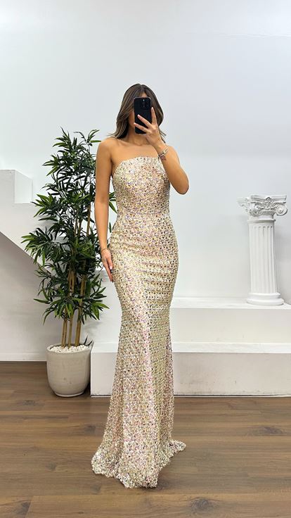 Beige Strapless Beaded Evening Dress