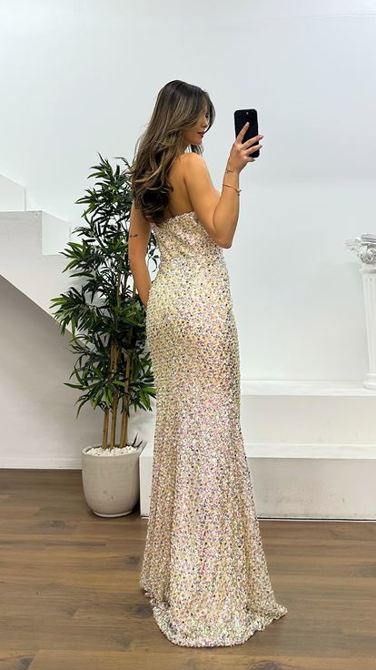 Beige Strapless Beaded Evening Dress