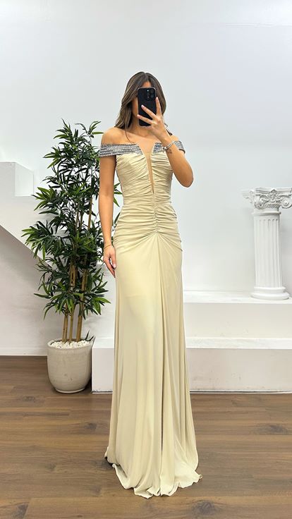 Beige Boat Neck Evening Dress