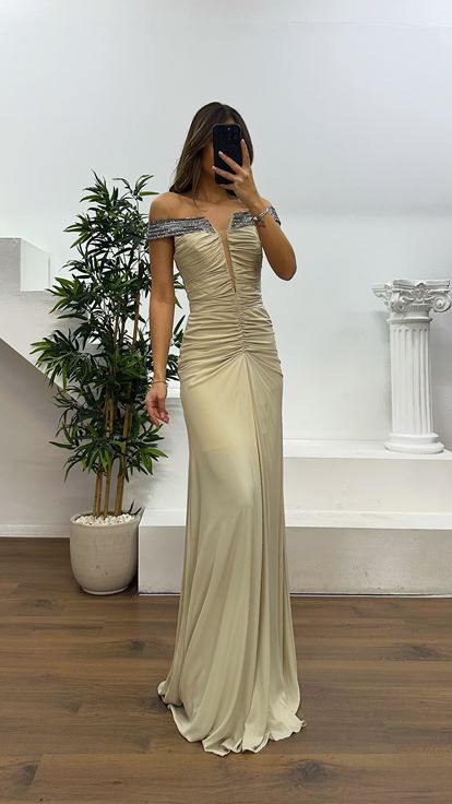 Beige Boat Neck Evening Dress