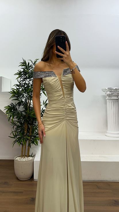 Beige Boat Neck Evening Dress